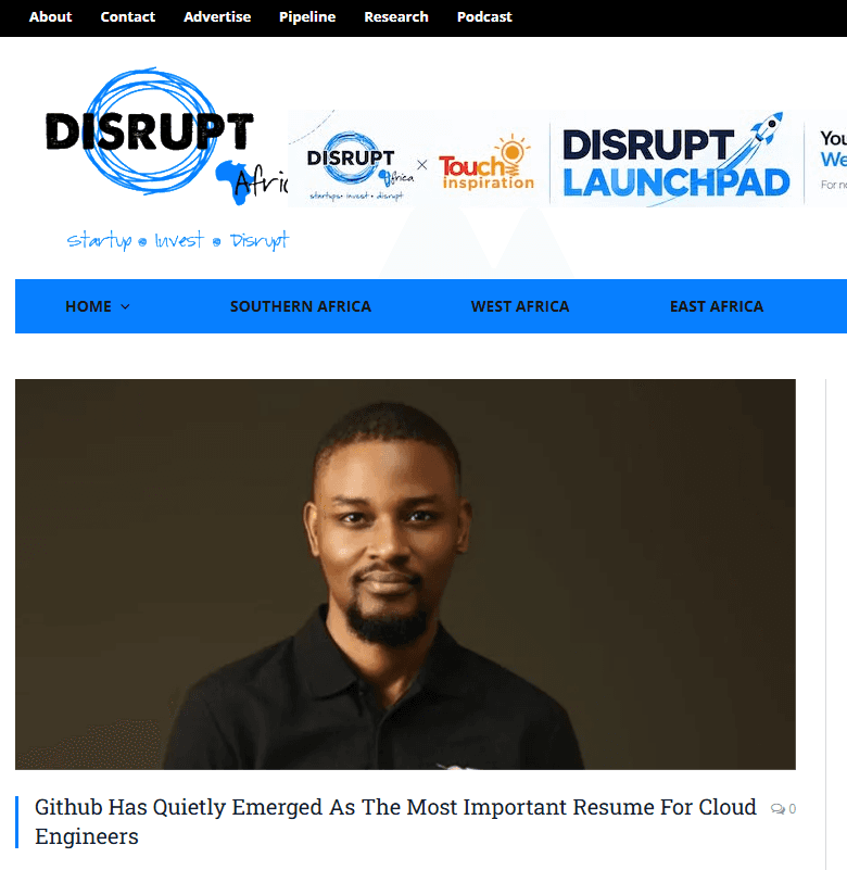 Screenshot of the Disrupt Africa feature, showing Kehinde's portrait above the headline